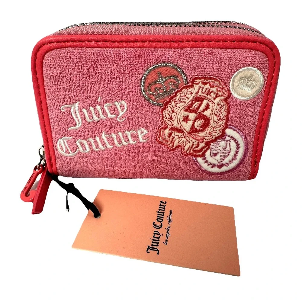 Juicy Couture Pink Zip Around Wallet Terry Cloth Patches Logo NWT